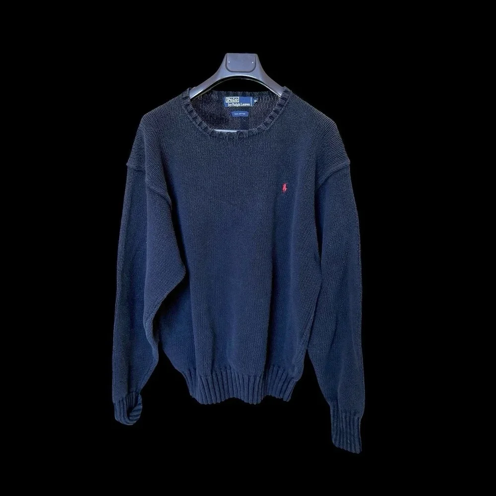 Vintage 90's Polo Ralph Lauren Knit Sweater XXL Navy Blue Red‎ Pony 100% Cotton